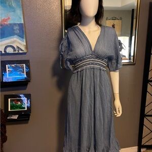 Max Studio Blue Gingham V-Neck Smocked Midi Dress